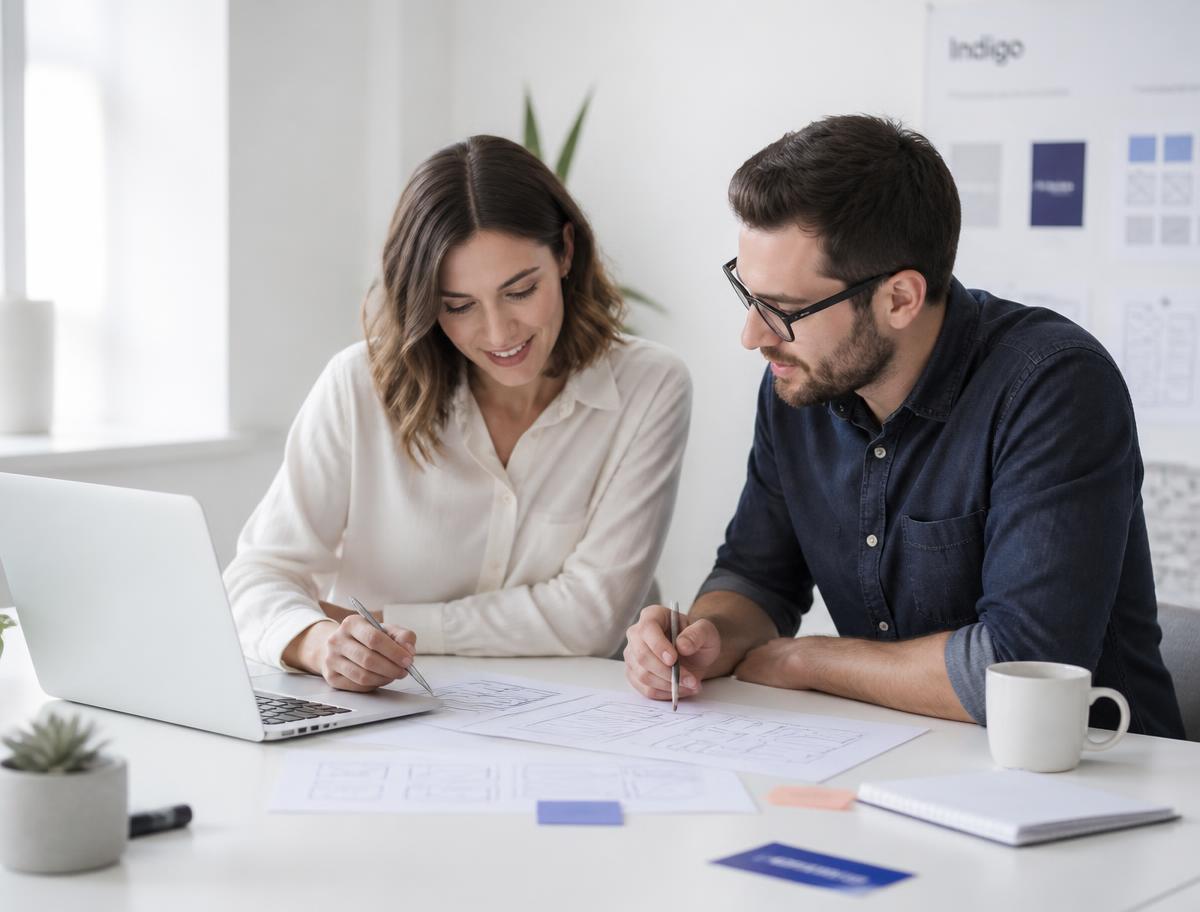 Two web designers reviewing wireframes together at a bright desk