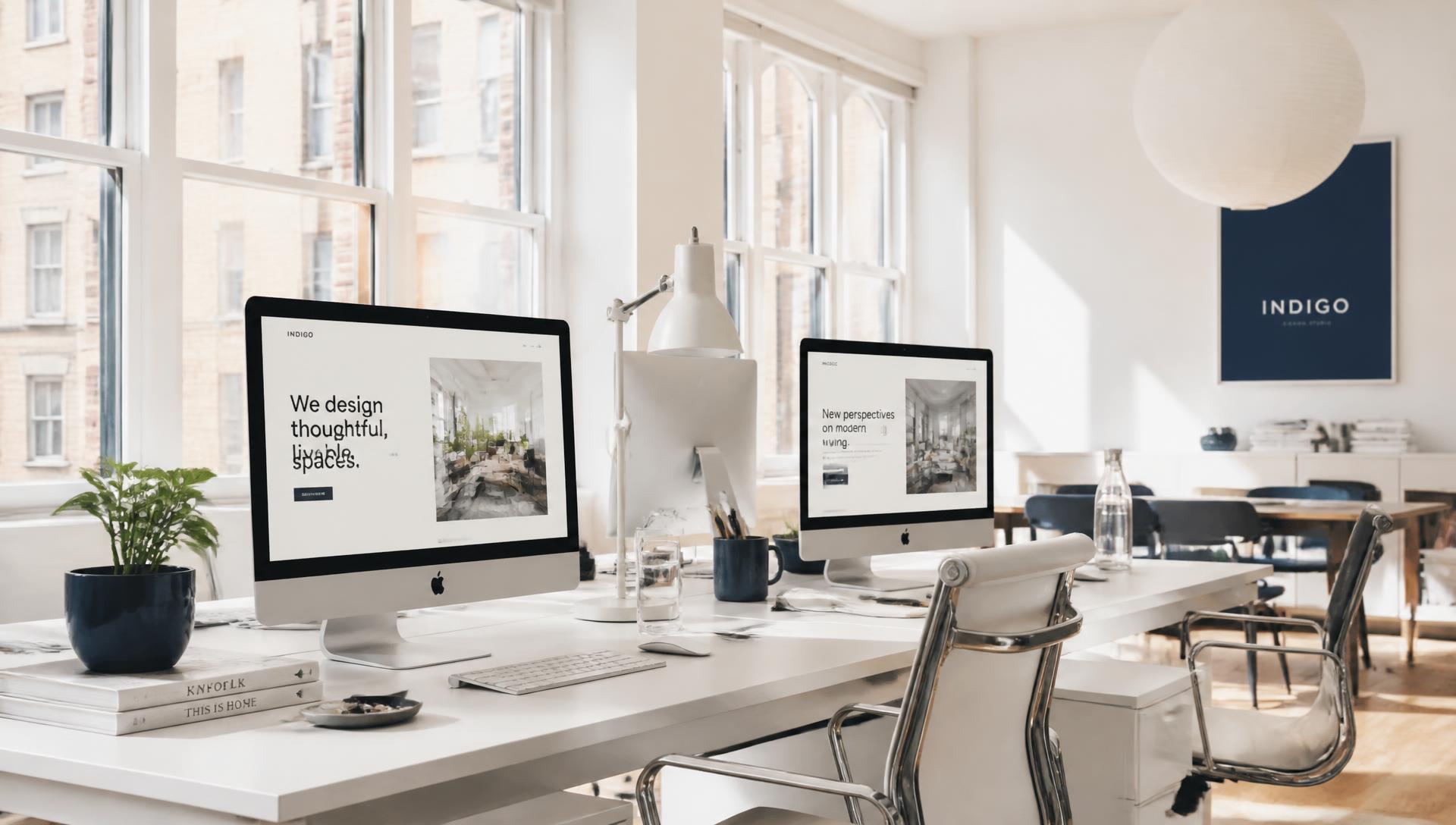 Bright modern web design studio with clean website layouts on screen